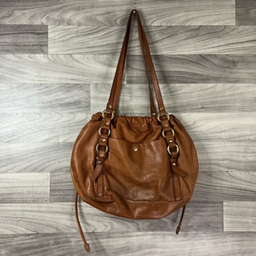 J.Crew Womens Hobo Handbag Brown‎ Leather Drawstring Outer Pocket Hardware S